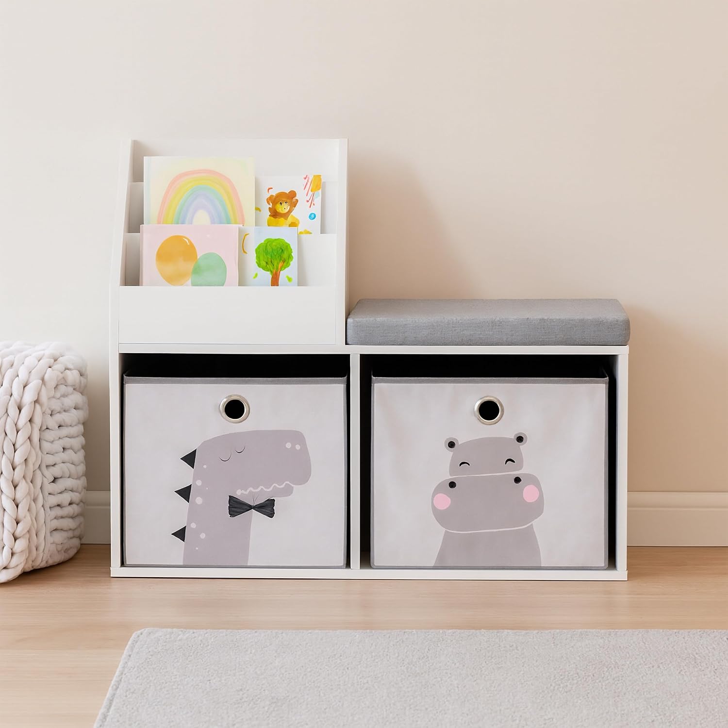 Relaxdays children's bench with storage, HWD: 72 x 79 x 31 cm, 2 foldable boxes, bookshelf, padded seat, white/grey, Fibreboard, Polyester, Foam
