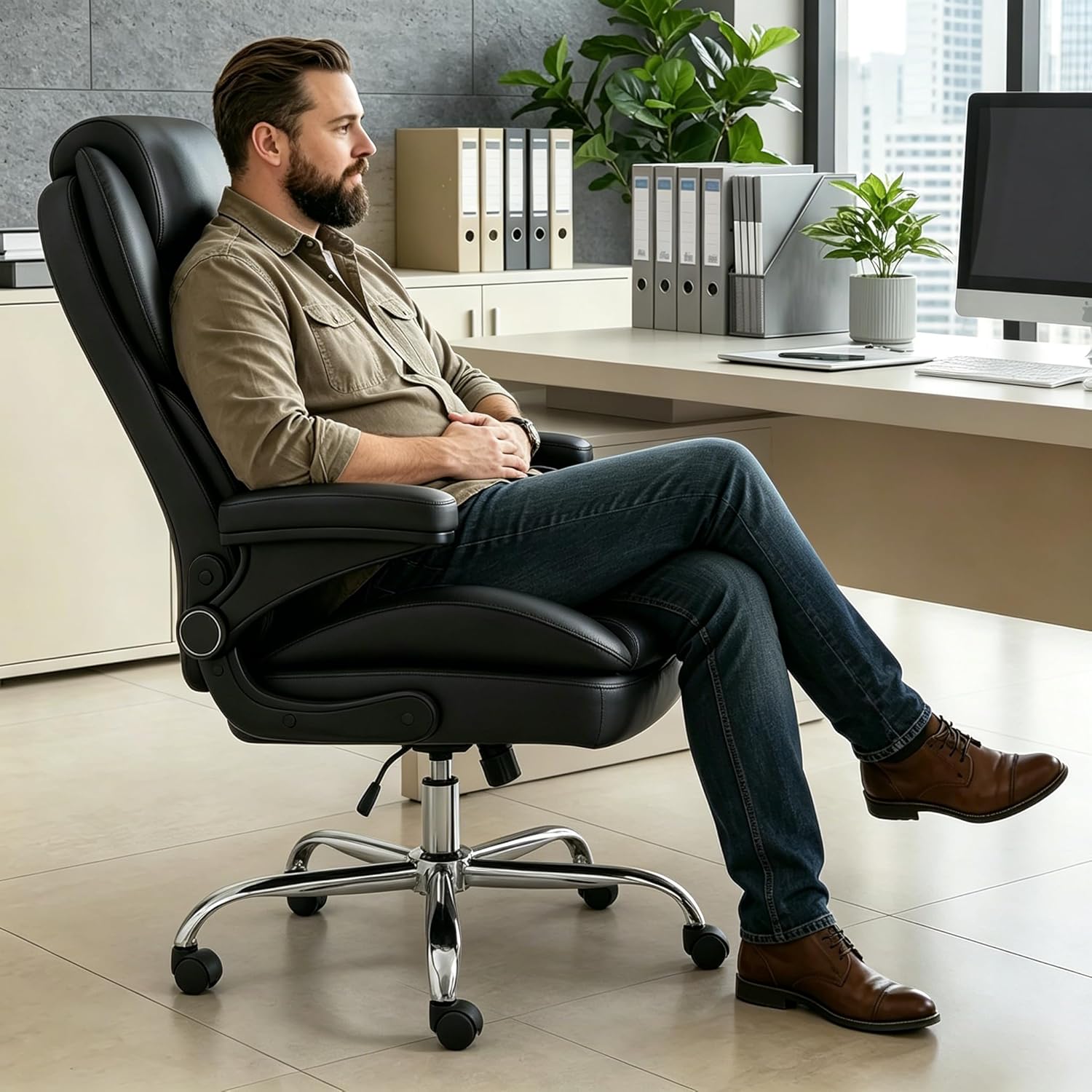 Office Chair, Home Desk Chair, Ergonomic Computer Chair with Lumbar Support, Executive Leather Chair with Flip-Up Armrests, Big and Tall Swivel Rolling Chair, PU Leather, Black