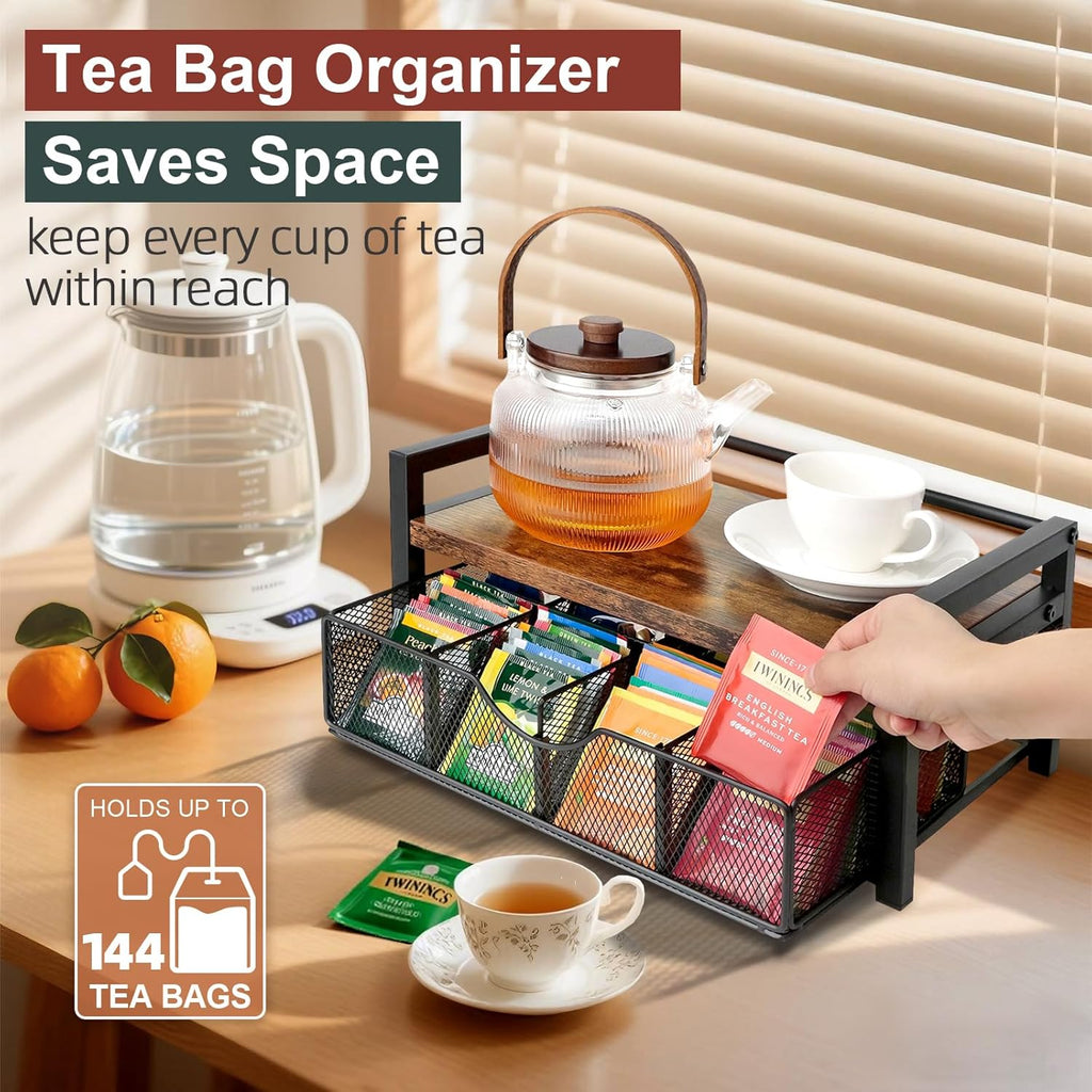 Tea Bag Organizer, Tea Bag Holder Organizer with 8-Compartment Adjustable Drawer, Wood & Metal Tea Box Organizer Chest for Countertop Kitchen, Office