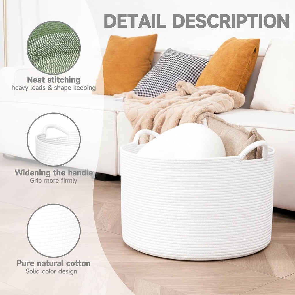 CLHMILY&Z Round Cotton Rope Storage Basket in Living Room, Bedroom, Laundry Room for Toy, Clothes, Blanket, Pillow (White, XLarge(14.2"x22"))