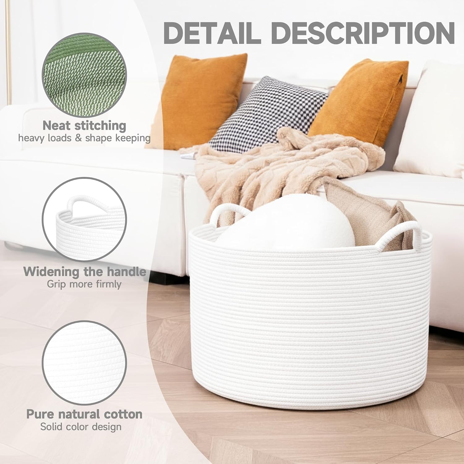 CLHMILY&Z Round Cotton Rope Storage Basket in Living Room, Bedroom, Laundry Room for Toy, Clothes, Blanket, Pillow (White, XLarge(14.2"x22"))