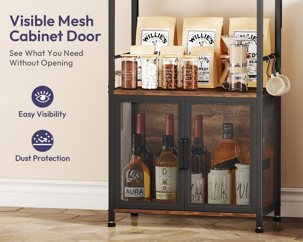 SWTYMIKI Coffee Bar Station for Space - Limited Home Coffee Lovers Espresso | Unique Double Mesh Enclosed Cabinet Doors + 6 Mug Hooks Multi-Purpose Microwave Stand, Buffet Cabinet Storage Rack