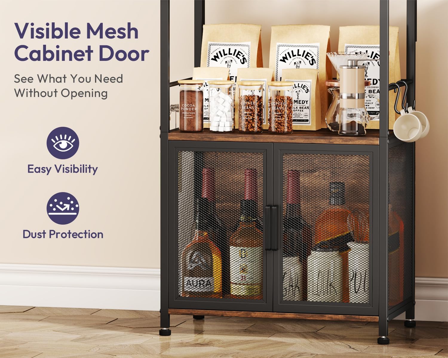 SWTYMIKI Coffee Bar Station for Space - Limited Home Coffee Lovers Espresso | Unique Double Mesh Enclosed Cabinet Doors + 6 Mug Hooks Multi-Purpose Microwave Stand, Buffet Cabinet Storage Rack