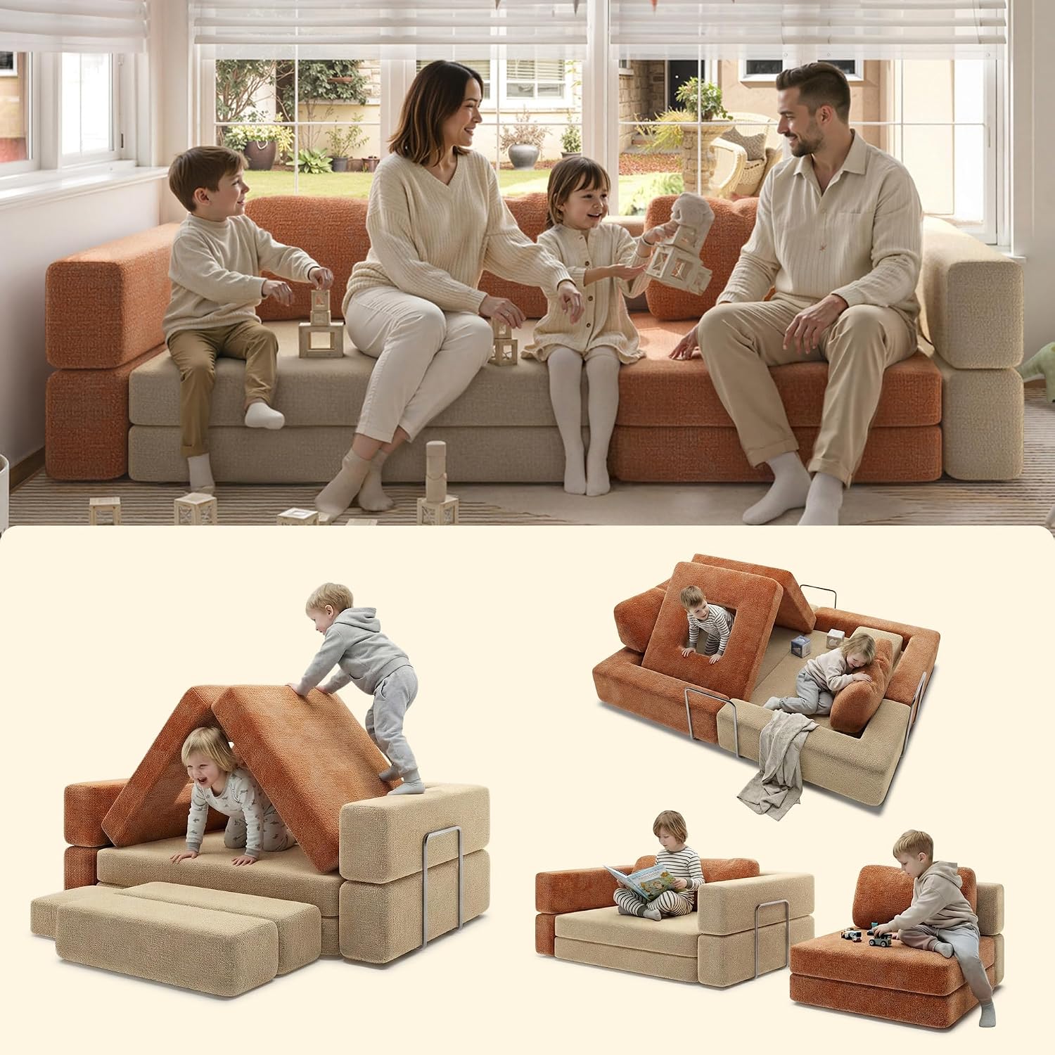 Acanva Modular Kids Play Couch for Playroom Bedroom, Children Sectional Sofa Bed, Toddler Furniture, Convertible Floor Cushion, Mix-Color