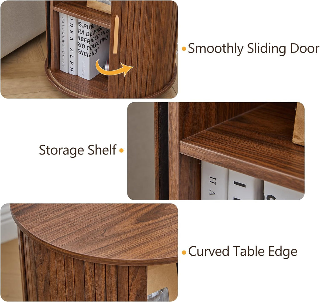 18 Inch Nightstands Set of 2, Fluted Round Wood Nightstand with Charging Station, Small End Table for Living Room, Sliding Door Round Side Table with Storage for Bedrrom (18 inch, Walnut)