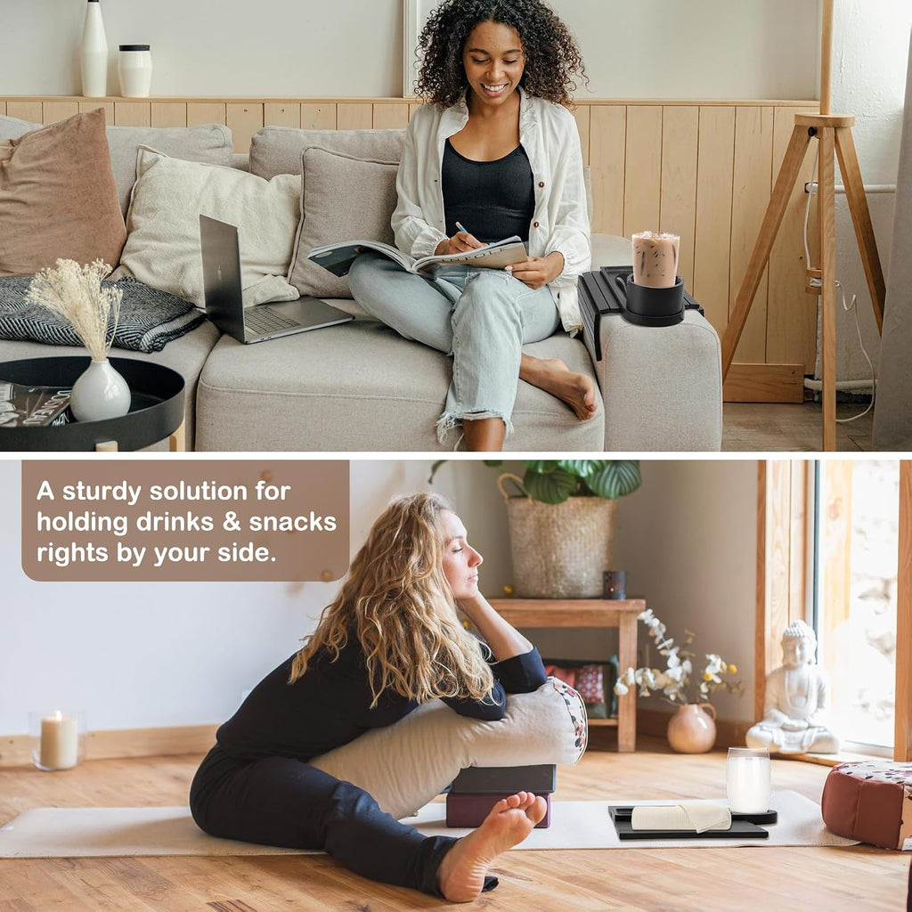 Couch Cup Holder for Armrests Over 4.9" Wide with 360° Phone Stand Black | Couch Arm Tray with 360° Rotating Phone Stand, 3 in 1 Foldable Sofa Arm Tray Table for Remote, Snacks, Phone, Drinks