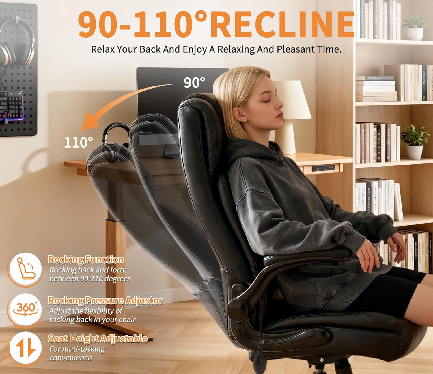 Large High Back Office Chair - Adjustable Lumbar Support, Flip Up Arms, Heavy Duty Metal Base, Breathable Bonded Leather, 2 Storage Bags, Black