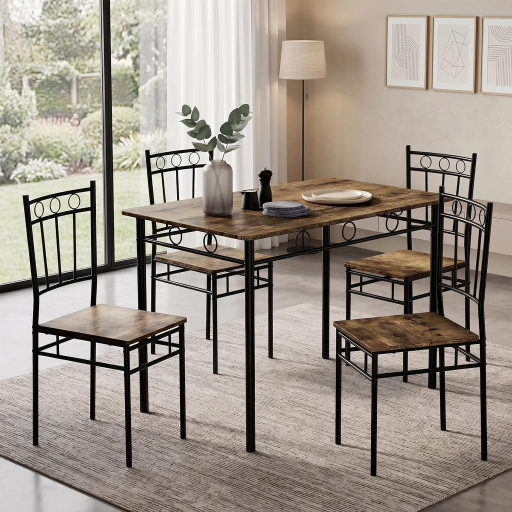 Vipbear Kitchen Dining Table Set for 4, 5-Piece Kitchen Table Set,Dining Room Table Sets,Rectangular Kitchen Table Set with 4 Chairs for Small Space, Dinette,Apartment,Rustic Brown