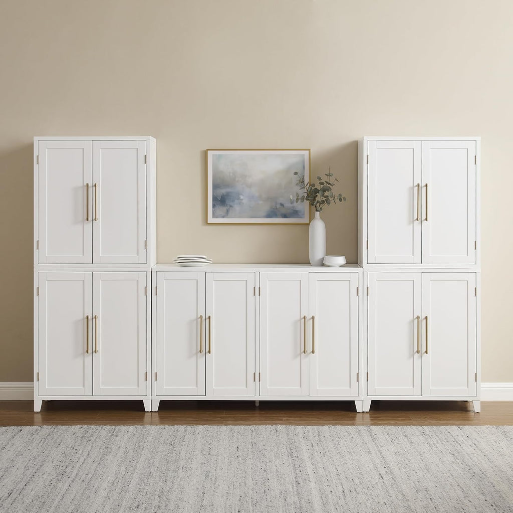 Crosley Furniture Roarke 3-Piece Modern Sideboard Buffet Cabinet and Kitchen Storage Pantry Set, White