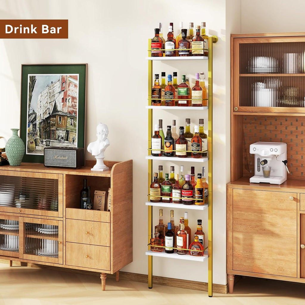 YMYNY 5-Tier Freestanding Wine Rack, White with Gold, UHWR001G | With Fences, Wall Mounted Floating Shelf, Bottles Holder, Liquor Cabinet Storage 16.93" L x 7.87" W x 69.68" H for Kitchen