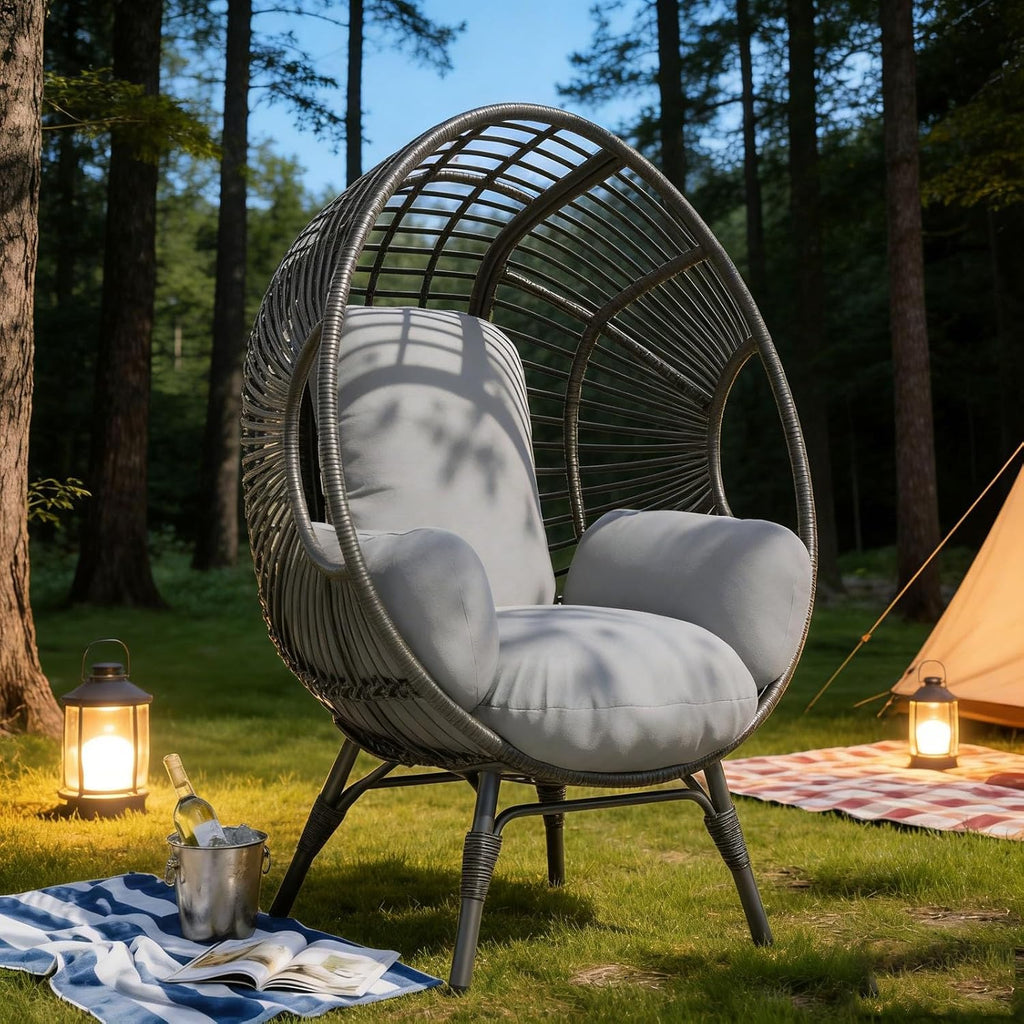 Egg Chair Outdoor Indoor Wicker, 400lbs Capacity, 8-Inch Cushion, Easy-Maintenance Removable Cover Balcony Chairs(Black+Gray)
