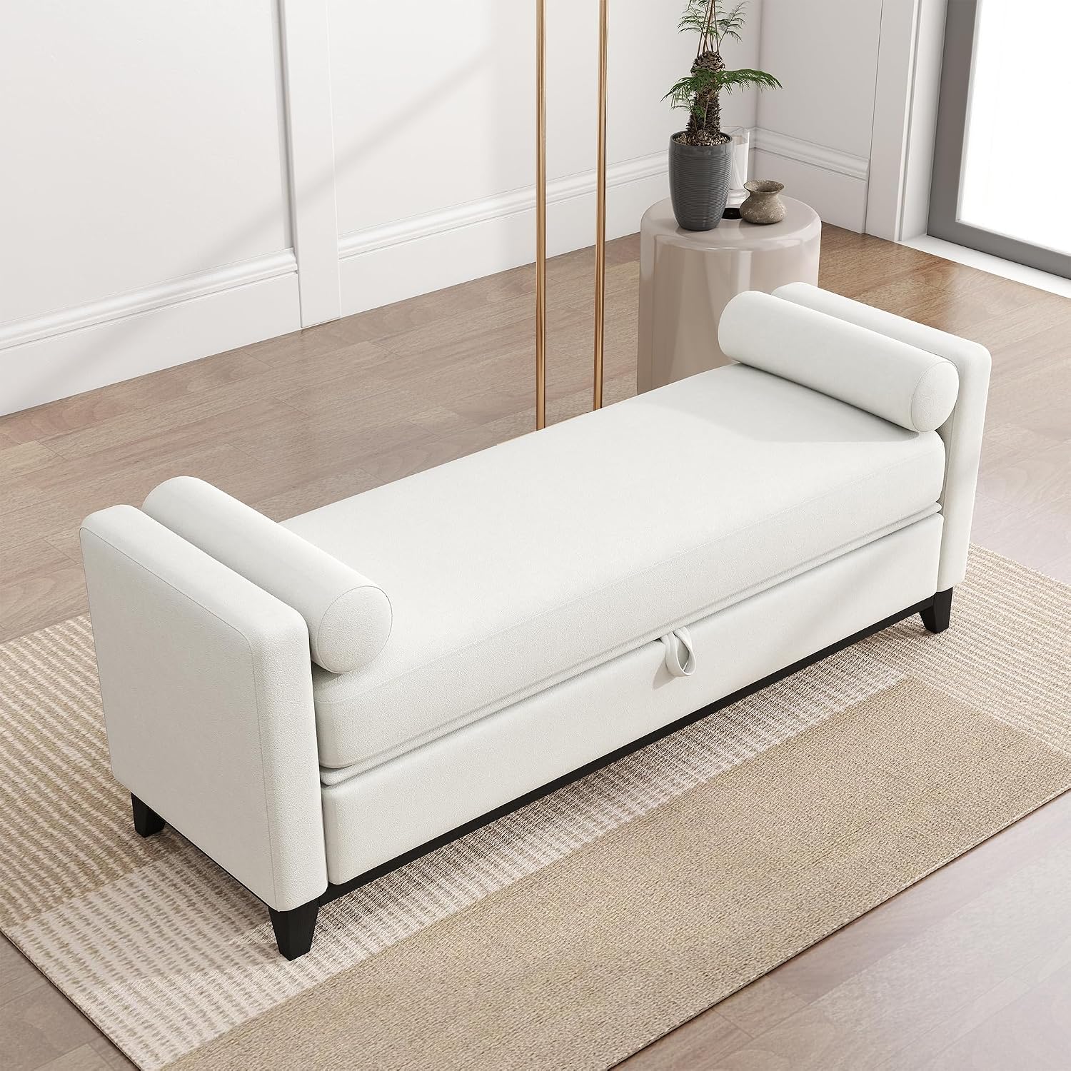 KEIKI Upholstered End of Bed Storage Bench, 66" Modern Bedroom Bench Indoor Bench with 2 Bolster Pillows, Entryway Bench with Solid Wood Frame for Bedroom Living Room, Beige+Black