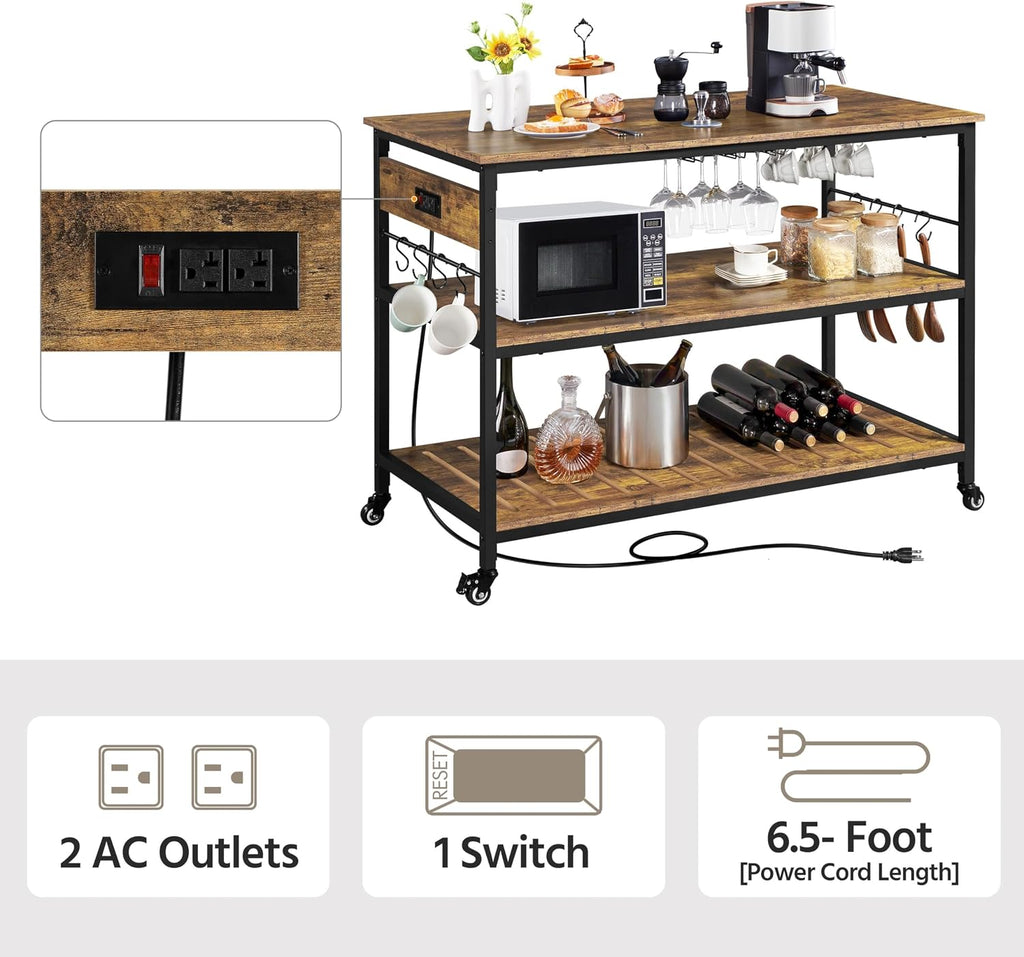 Yaheetech Kitchen Island with Power Outlet, Rolling Kitchen Cart with Wine Rack & Glass Holder & Hooks, Coffee Bar Microwave Stand Wine Rack Table for Dining Room, 47.5" W x 24" D, Rustic Brown