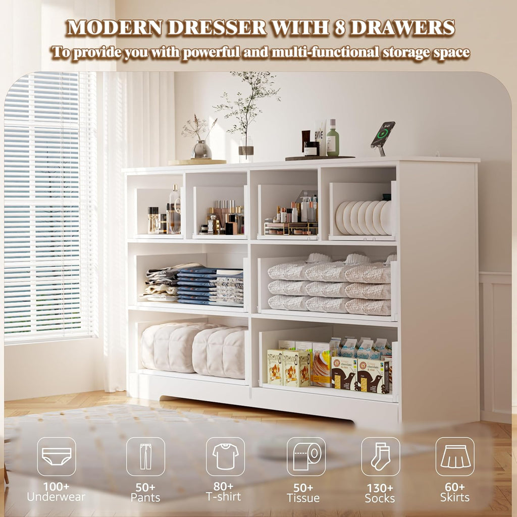 White 8 Drawer Dresser for Bedroom with Power Outlets Wide Chest of Drawers with Smooth Guide Rail Modern Wooden Dressers with Metal Handle Large for Bedroom Living Room Hallway Closet