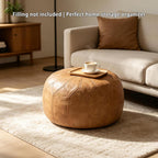 Thgonwid Unstuffed Moroccan Faux Leather Pouf Ottoman Cover with Storage - Boho Chic Multi-Use Footrest for Living Room, Bedroom, Patio - Round Ethnic Floor Cushion & Decorative Accent, Khaki