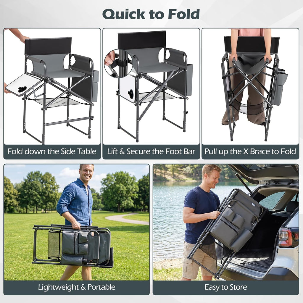 COSTWAY Folding Tall Director Chair, 26" Seat Height Portable Camping Chair with Side Table, Cup Holders, Storage Pockets, Footrest, Compact Makeup Salon Chair Support 350 lbs