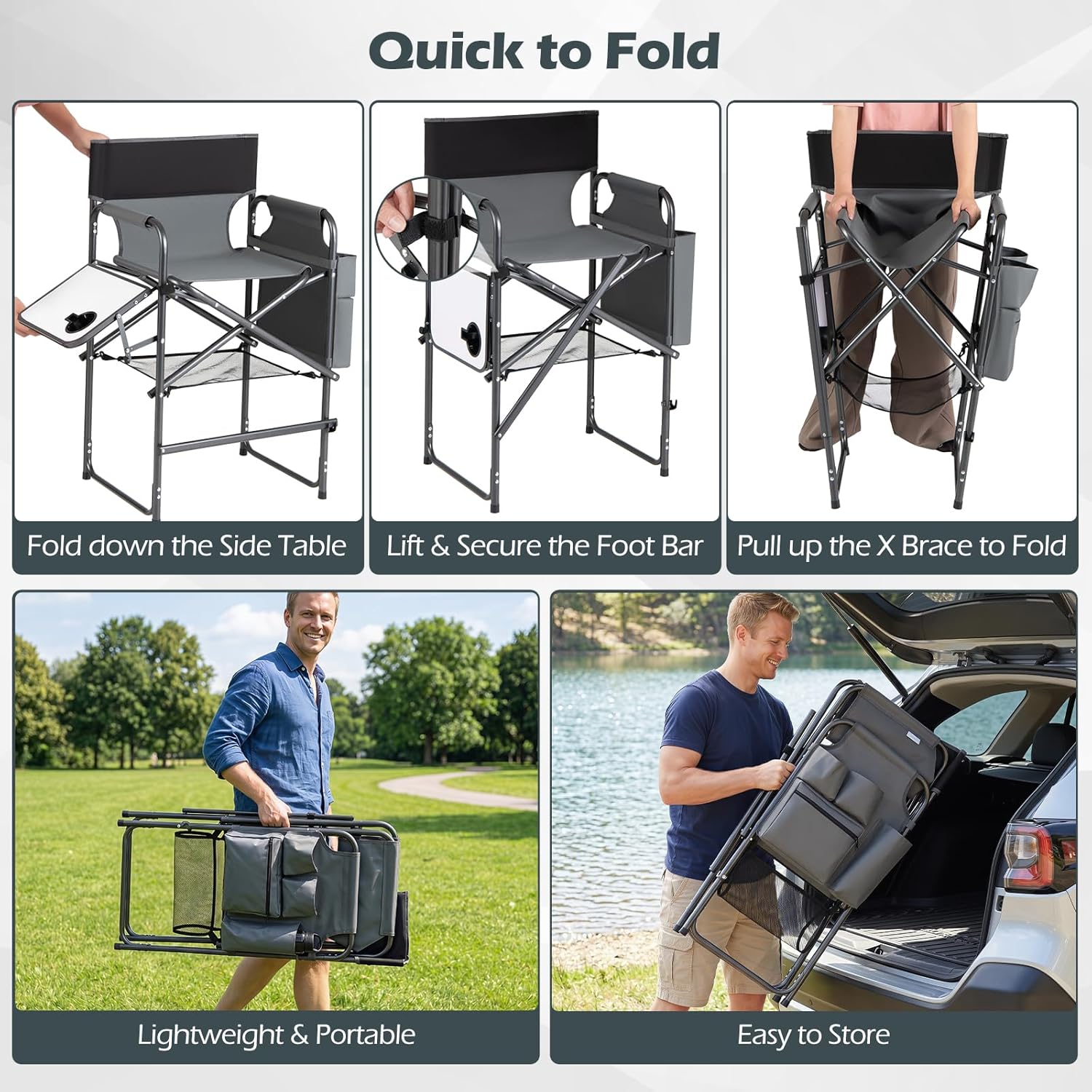 COSTWAY Folding Tall Director Chair, 26" Seat Height Portable Camping Chair with Side Table, Cup Holders, Storage Pockets, Footrest, Compact Makeup Salon Chair Support 350 lbs