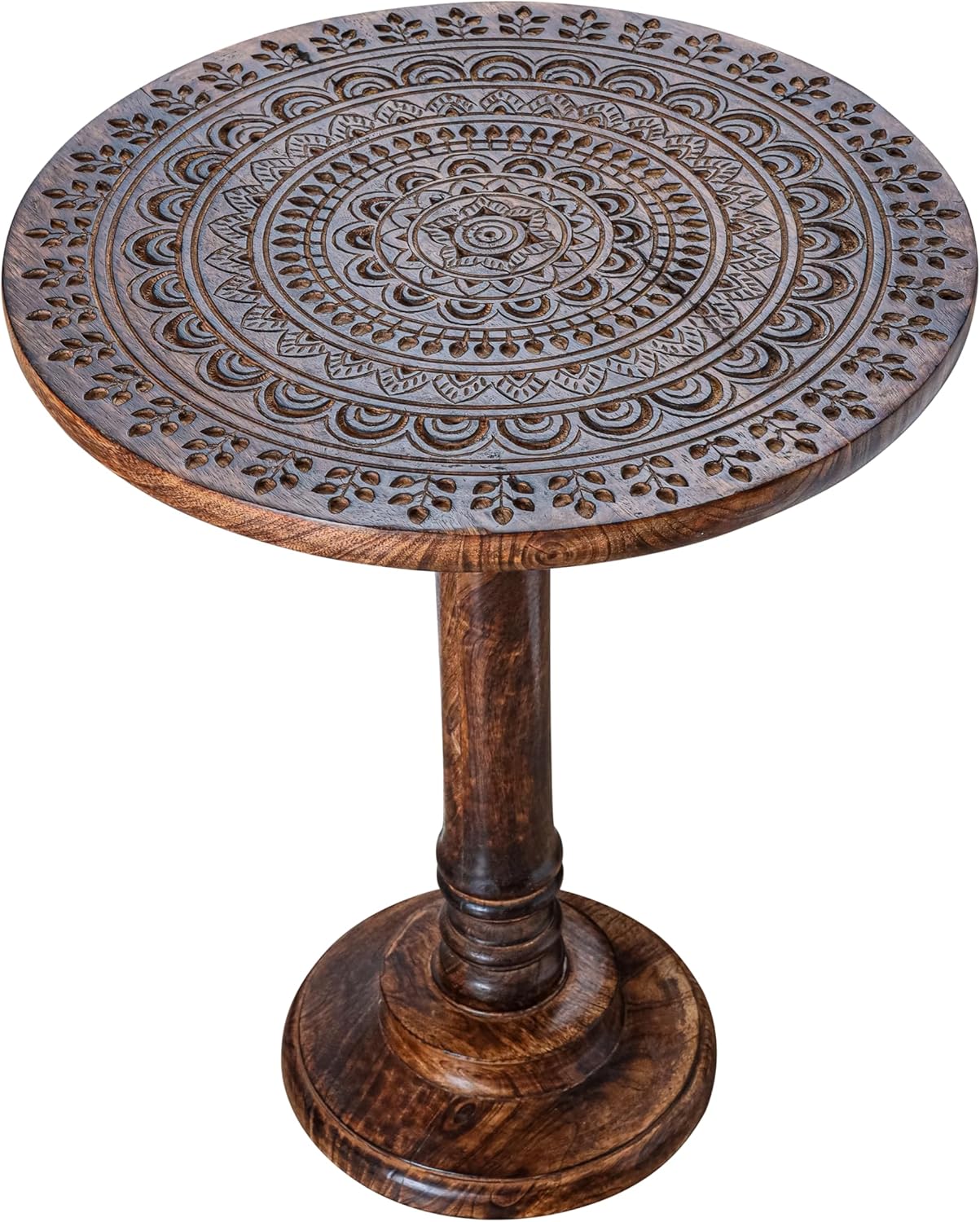 Alpha Living Home Farmhouse End Table, Solid Mango Wood Round Side Table for Living Room, Rustic Accent Table for Bedroom, Sofa Side Table, Burnt Finish, 18 x 22 Inch