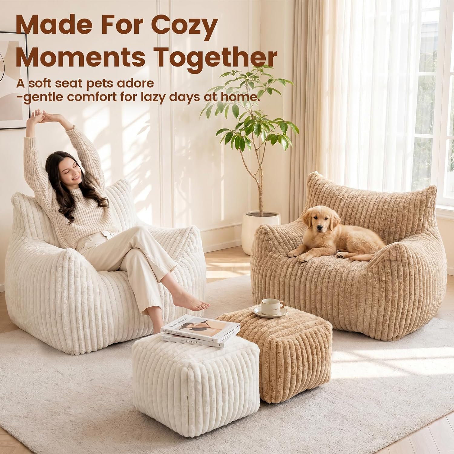 Giant Plush Bean Bag Chairs for Adults & Kids, Large Comfy Reading Chair for Bedroom with Ottoman Footrest, Accent Chairs for Living Room, Cozy Fluffy Single Cloud Couch,White