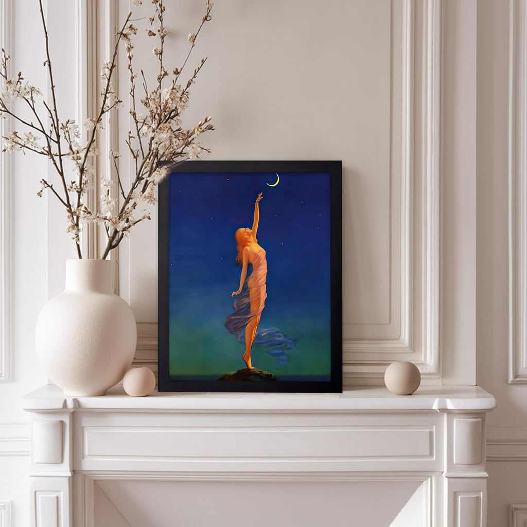 Poster Master Classic Poster - Vintage Deco Print - Gift for Artist, Friend - Reaching For The Moon, Woman - Wall Decor for Home, Living Room, Bedroom, Office, 8x10 Black Framed