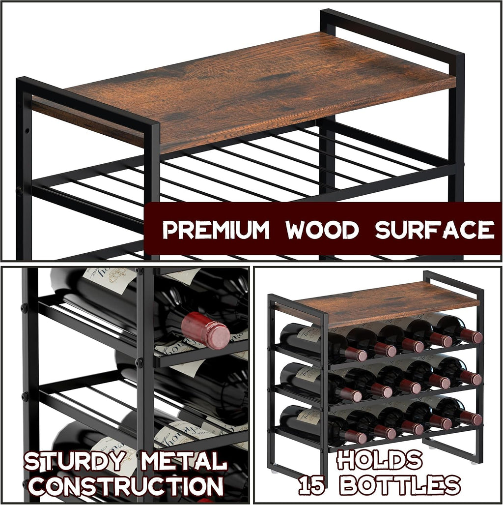 4-Tier Wine Rack Countertop, 15 Bottle Wine Rack for Inside Cabinet, Metal Wine Bottle Holder with Table Top, Wine Storage Shelf for Kitchen, Bar, Dining Room