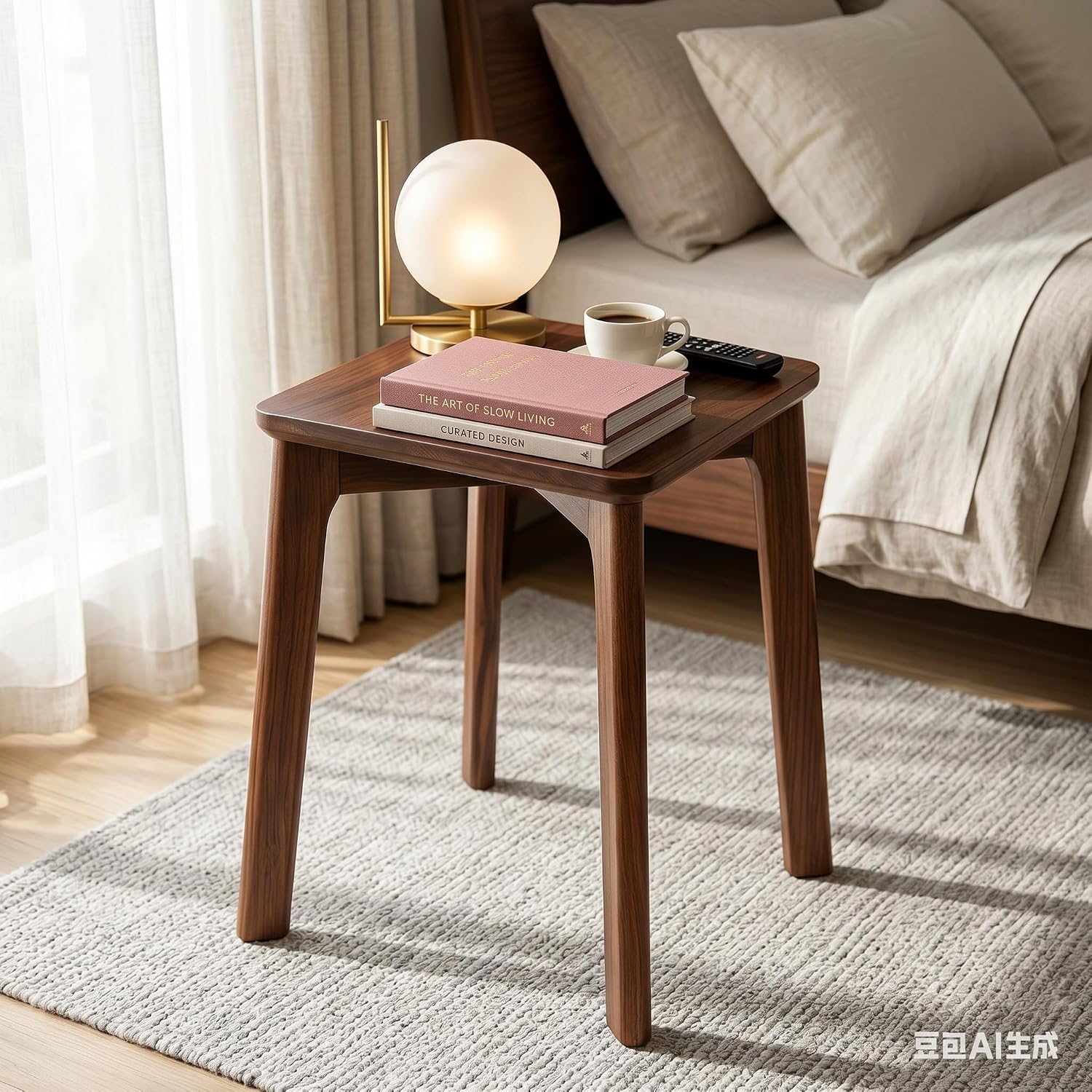 Walnut Wood Mini Square Coffee Table, 12"x12"x17.7" Small Side End Table for Bedside, Sofa Side, Balcony