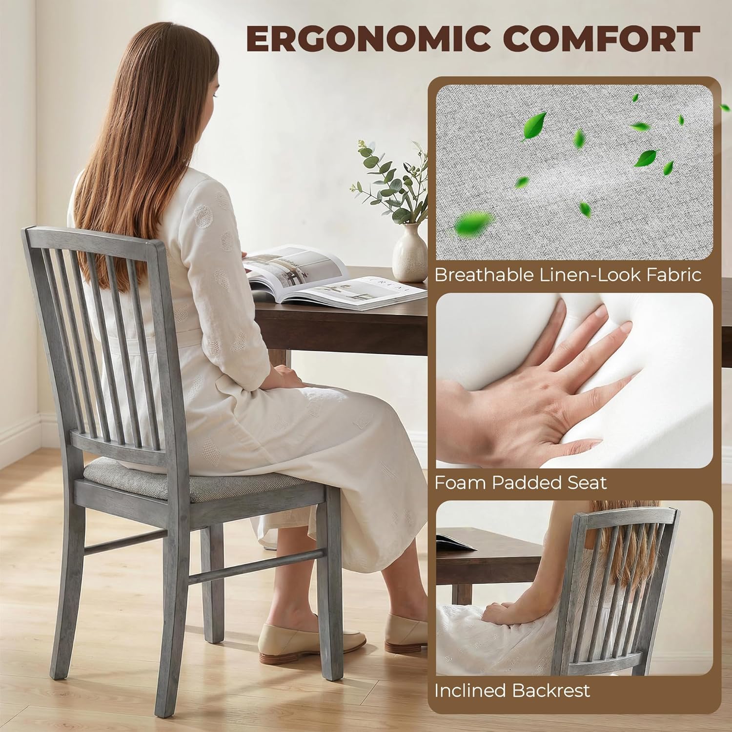 HOMCOM Farmhouse Dining Chairs Set of 2, Upholstered Linen Fabric Kitchen Chairs with Solid Rubberwood Legs for Kitchen, Dining Room, Rustic Gray