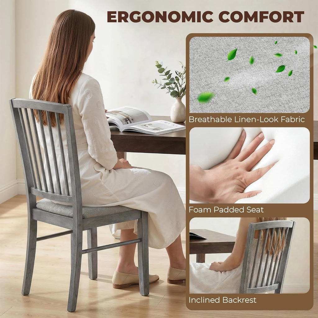 HOMCOM Farmhouse Dining Chairs Set of 2, Upholstered Linen Fabric Kitchen Chairs with Solid Rubberwood Legs for Kitchen, Dining Room, Rustic Gray