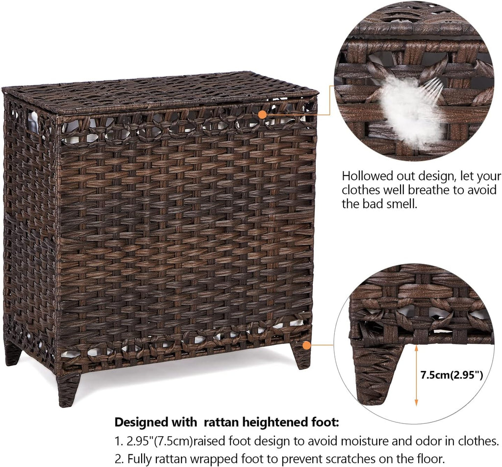 Laundry Hamper with 3 Removable Liner Bags; 132L Handwoven Rattan Laundry Basket with Lid & Heightened Feet; Clothes Hamper with Side Handles; Laundry Sorter with 3 Separate Sections
