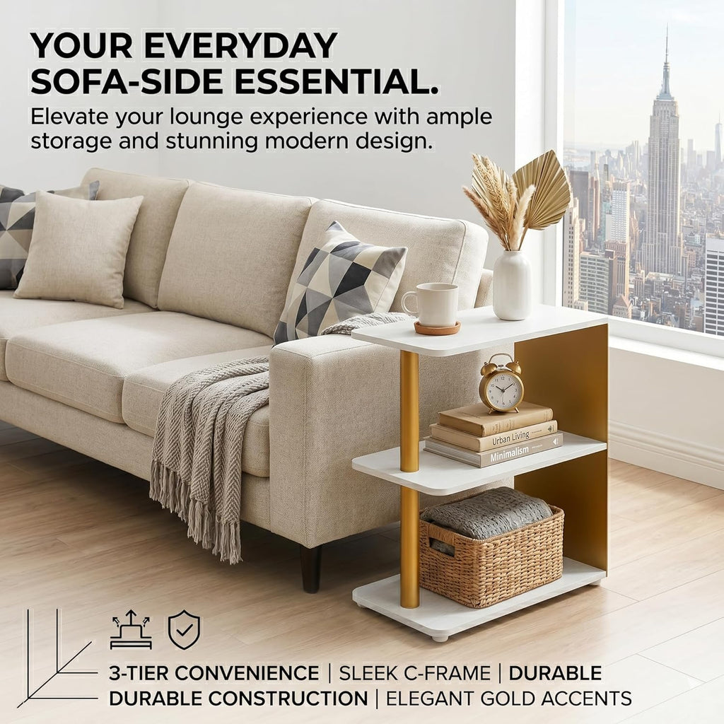 3-Tier Narrow End Table, Industrial Slim Side Table for Small Spaces, Sofa Couch Table Accent Nightstand with Storage Shelves for Living Room, Bedroom, Gold and White