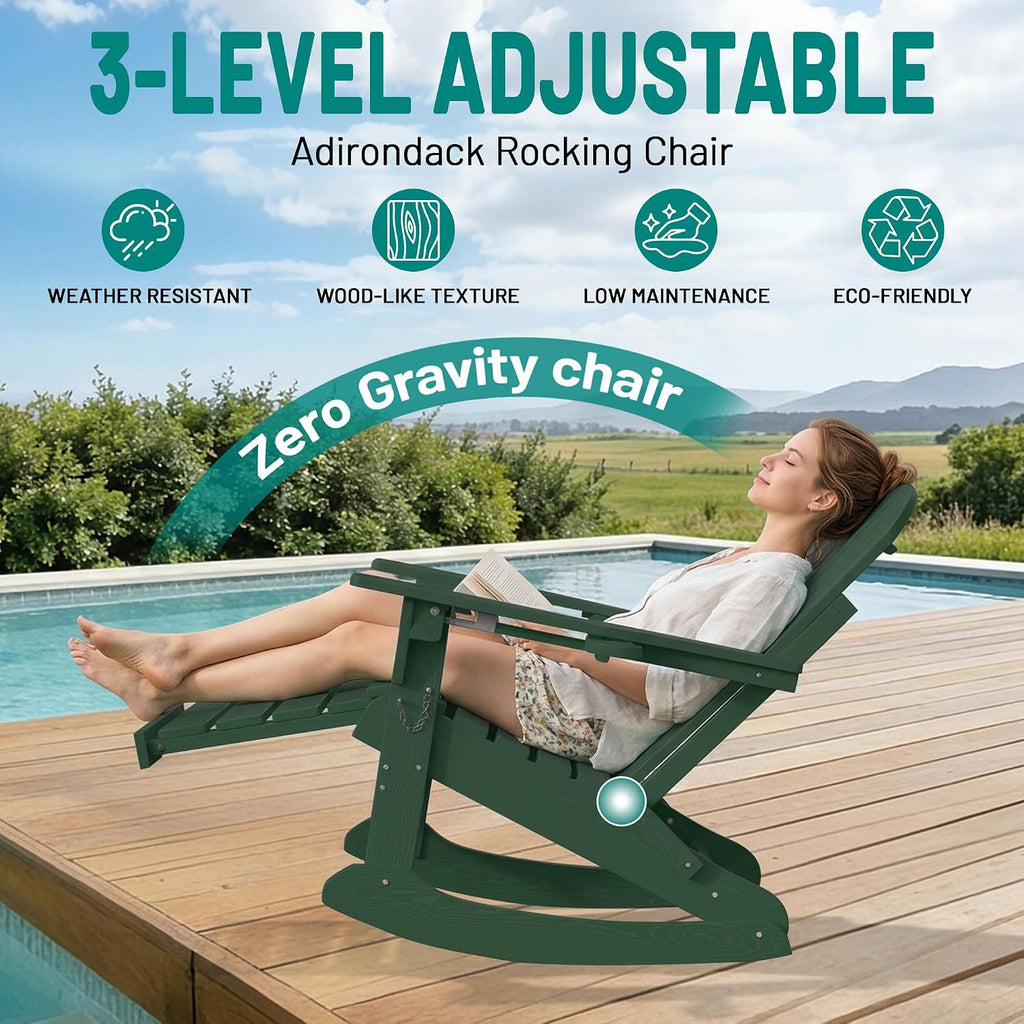 PLUUV Folding Adjustable Adirondack Rocking Chair with Retractable Ottoman and Cup Holders, Weather Resistance Outdoor HDPE Adirondack Rocker Patio Chair, Wood-Like Reclining Adirondack Chair, Green