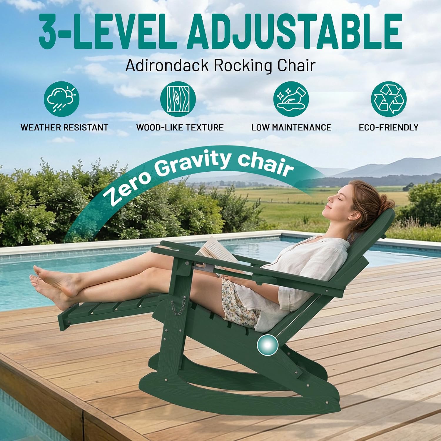PLUUV Folding Adjustable Adirondack Rocking Chair with Retractable Ottoman and Cup Holders, Weather Resistance Outdoor HDPE Adirondack Rocker Patio Chair, Wood-Like Reclining Adirondack Chair, Green