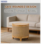 Acacia Wood Rattan Coffee Table, Side Table with Woven Cane Doors, Round End Table with Open Shelf for Bedroom, Living Room, Small Spaces (Antique Brown)