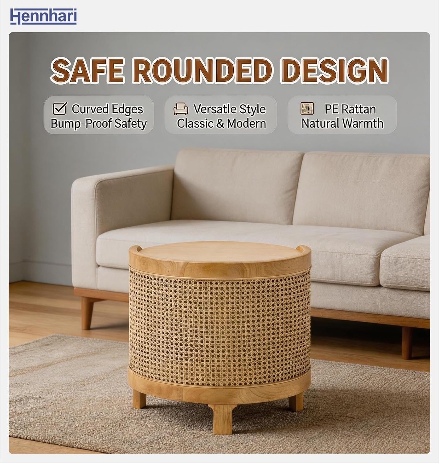 Acacia Wood Rattan Coffee Table, Side Table with Woven Cane Doors, Round End Table with Open Shelf for Bedroom, Living Room, Small Spaces (Antique Brown)