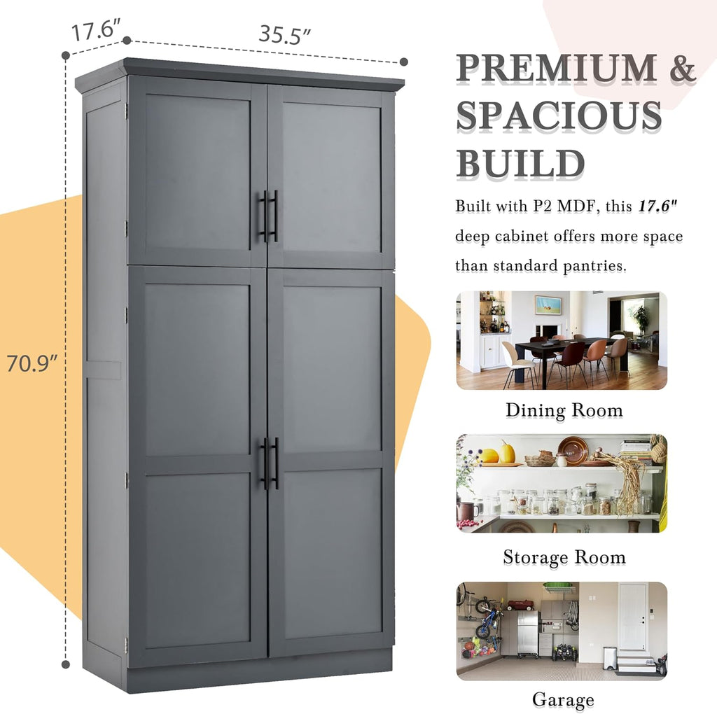 SOFTSEA Freestanding Kitchen Pantry Cabinet, Tall Storage Cabinet with Adjustable Shelves and 2 Door Shelves, Kitchen Storage Cupboard with 8 Pull-Out Trays for Dining Room, 35.5x17.6x70.9 Inch, Gray