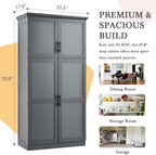 SOFTSEA Freestanding Kitchen Pantry Cabinet, Tall Storage Cabinet with Adjustable Shelves and 2 Door Shelves, Kitchen Storage Cupboard with 8 Pull-Out Trays for Dining Room, 35.5x17.6x70.9 Inch, Gray