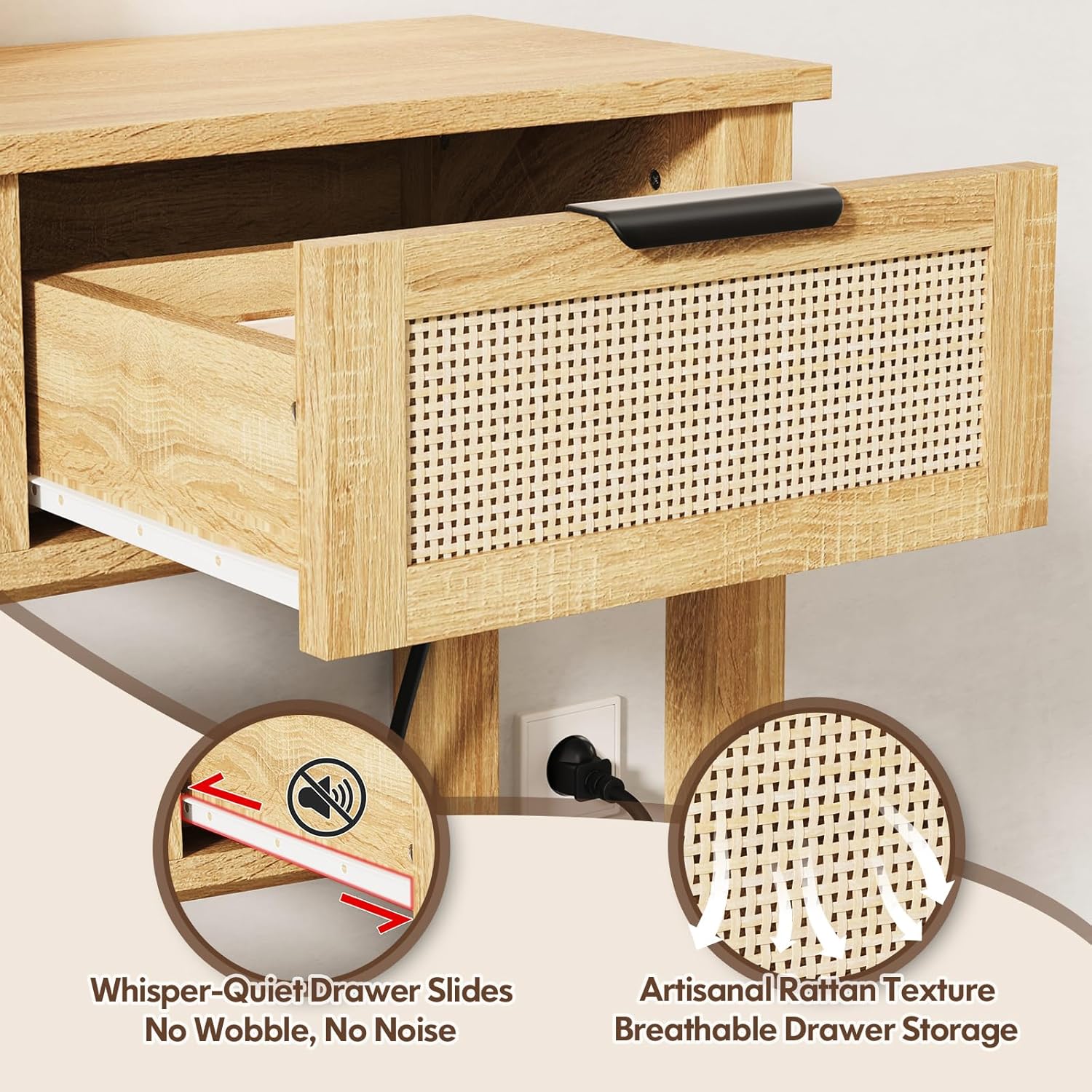 Luoxiao Natural Entryway Table with Power Outlets & USB-C, Boho Rattan Console Sofa Table with 3 Drawers, Narrow Sofa Table Behind Couch, Foyer Hallway Storage Table with Shelf, Anti-Tip, 47 Inch