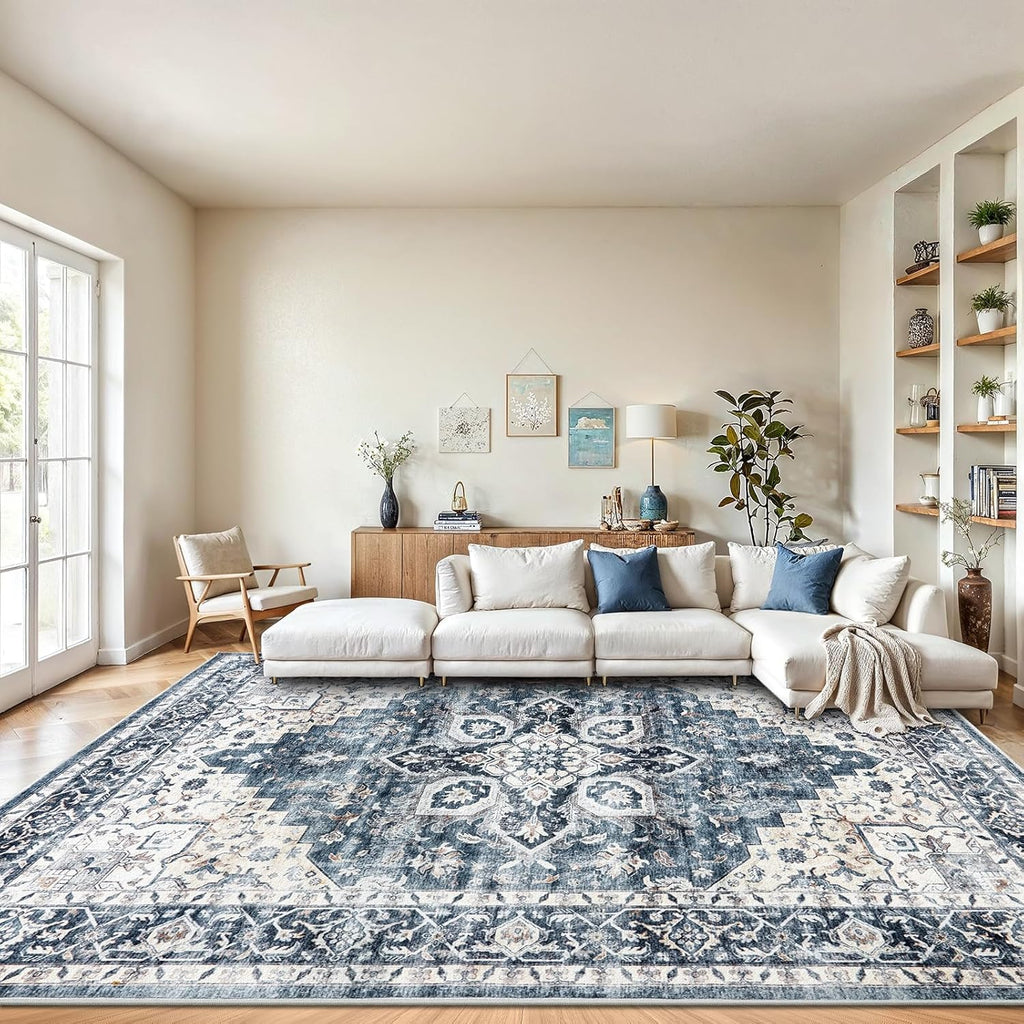 AMADA HOMEFURNISHING 8x10 Washable Area Rug, Low-Profile with Non-Slip Backing & Durable Edge Binding, Vintage Large Rugs for Living Room, Bedroom, Dining Room, Blue