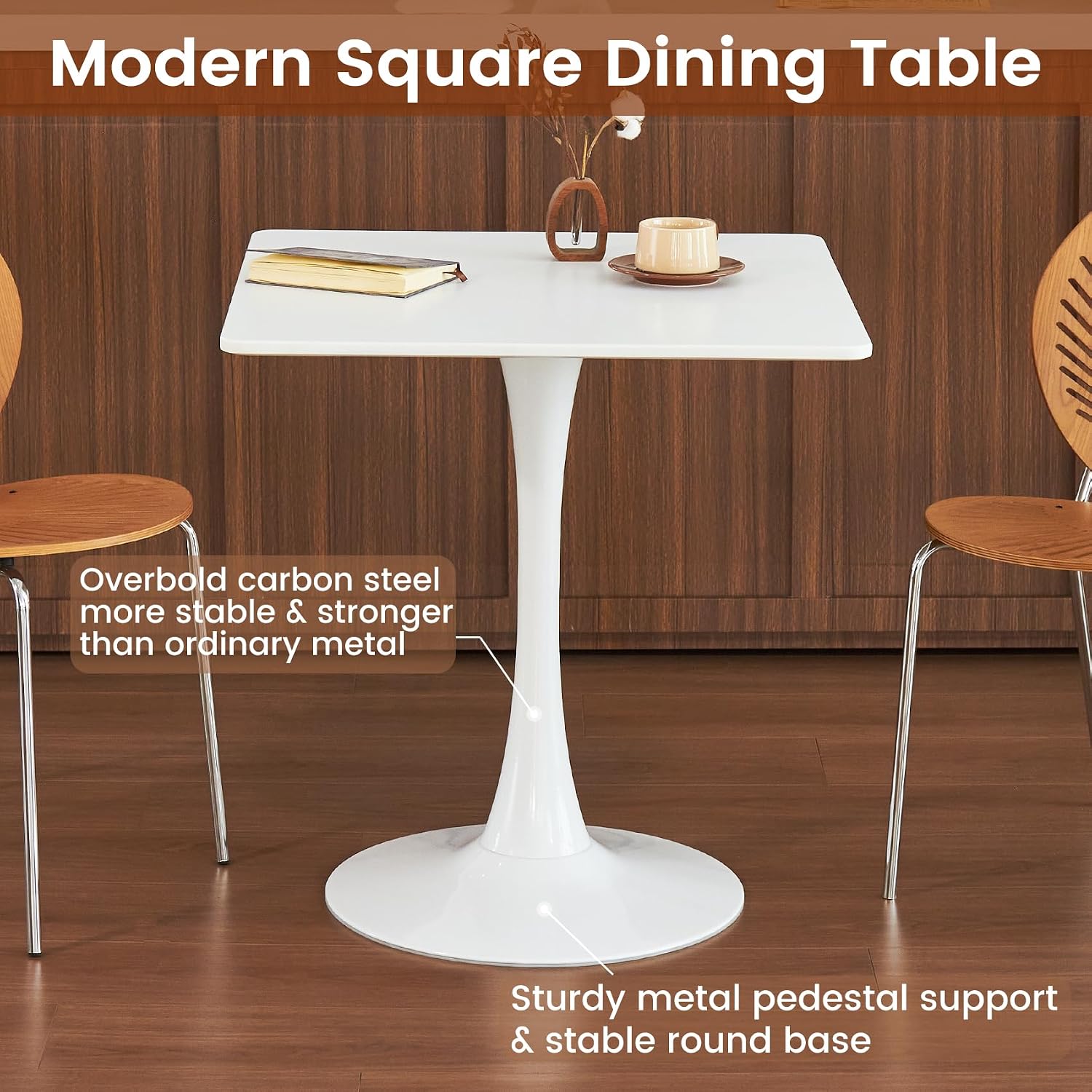 Square Dining Tulip Table for 4, Mid-Century Modern Table with Sturdy Metal Pedestal for Kitchen, Bistro, Cafe, Leisure (White, 27.6 INCH)