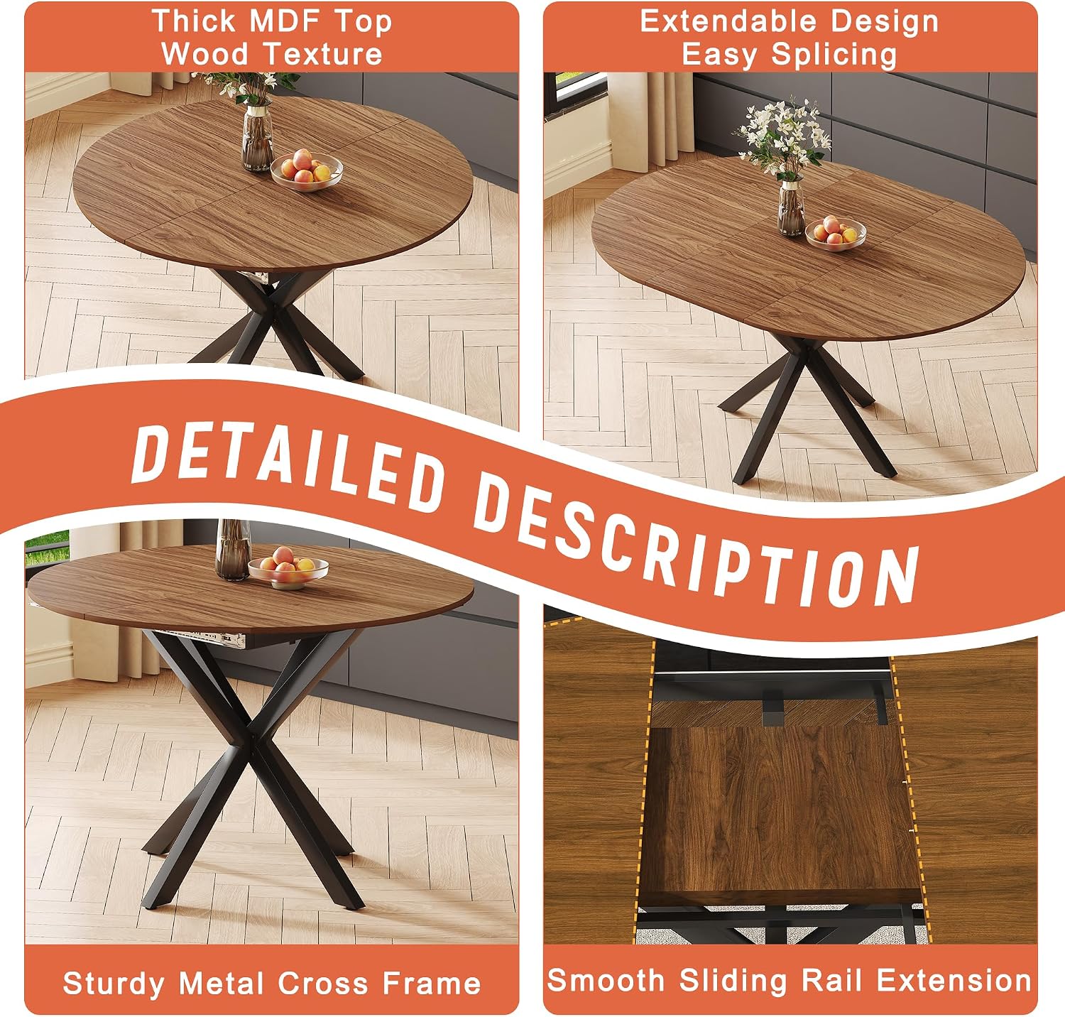 Round Dining Table Set for 6, 43-59" Extendable Dining Room Table Set, Walnut Wood Grain Table and 6 Dark Gray Linen Upholstered Chairs Set, Mid Century Modern Kitchen Table Set with Cross Legs