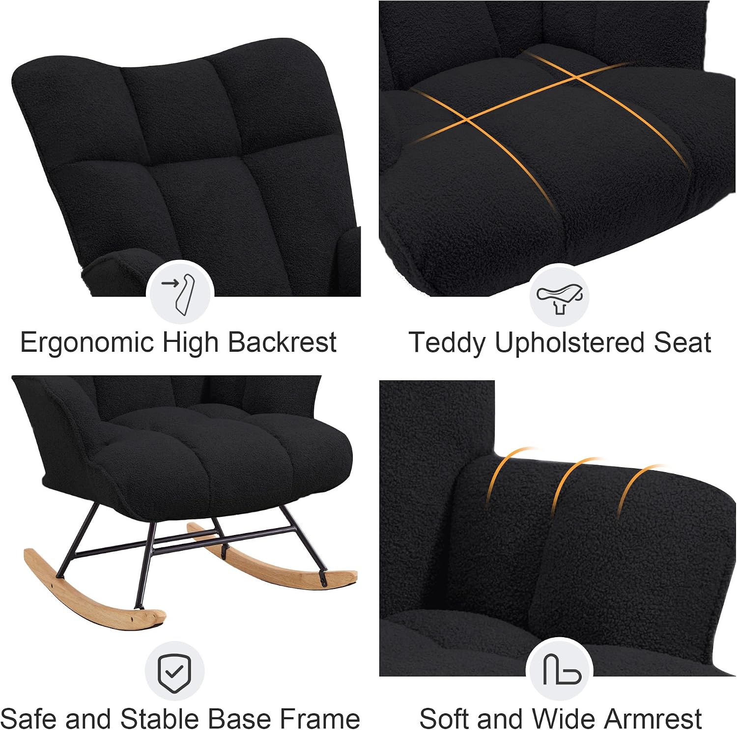 Zedachica Rocking Chair Nursery Teddy Upholstered Glider Rocker Rocking Accent Chair Padded Seat with High Backrest Armchair Comfy Side Chair for Living Room Bedroom Offices (Black Teddy)
