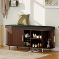 Entryway Bench with Storage: 43.31" Wooden Bedroom Shoe Bench with Thickened Padded Seat Cushion, Mid Century Modern Fluted Sliding Door and Adjustable Shelf, for Entryway, Living Room