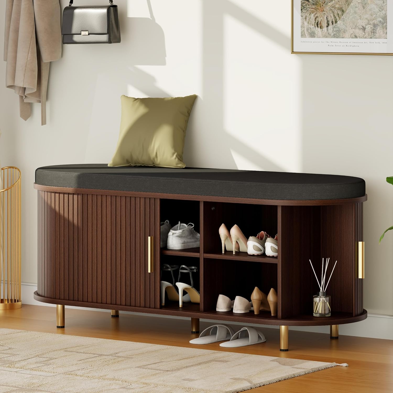 Entryway Bench with Storage: 43.31" Wooden Bedroom Shoe Bench with Thickened Padded Seat Cushion, Mid Century Modern Fluted Sliding Door and Adjustable Shelf, for Entryway, Living Room