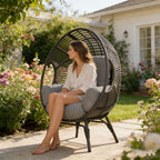 Egg Chair Wicker Balcony Chairs, 400lbs Capacity, Indoor Outdoor, 8-Inch Comfort Cushion(Black+Gray)