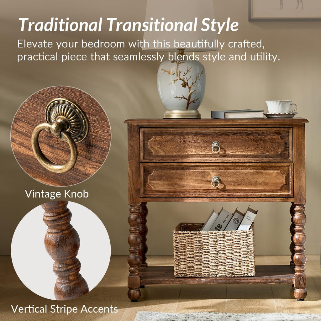 Solid Wood Spindle End Table with Charging Station, Traditional Farmhouse Side Table with 2 Drawers, Living Room Accent Beside Table with Adjustable Feet, Walnut