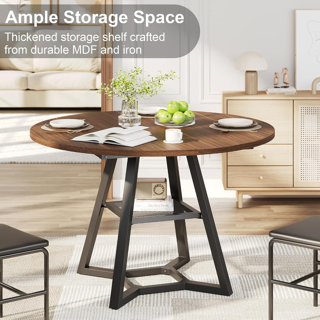 knoworld 43" Round Dining Table for 4, Kitchen Tables Dining Room Circle Dinner Table with Pedestal Metal Frame, Space Saving Wood Industrial Kitchen & Dining Room Tables, Walnut 43In