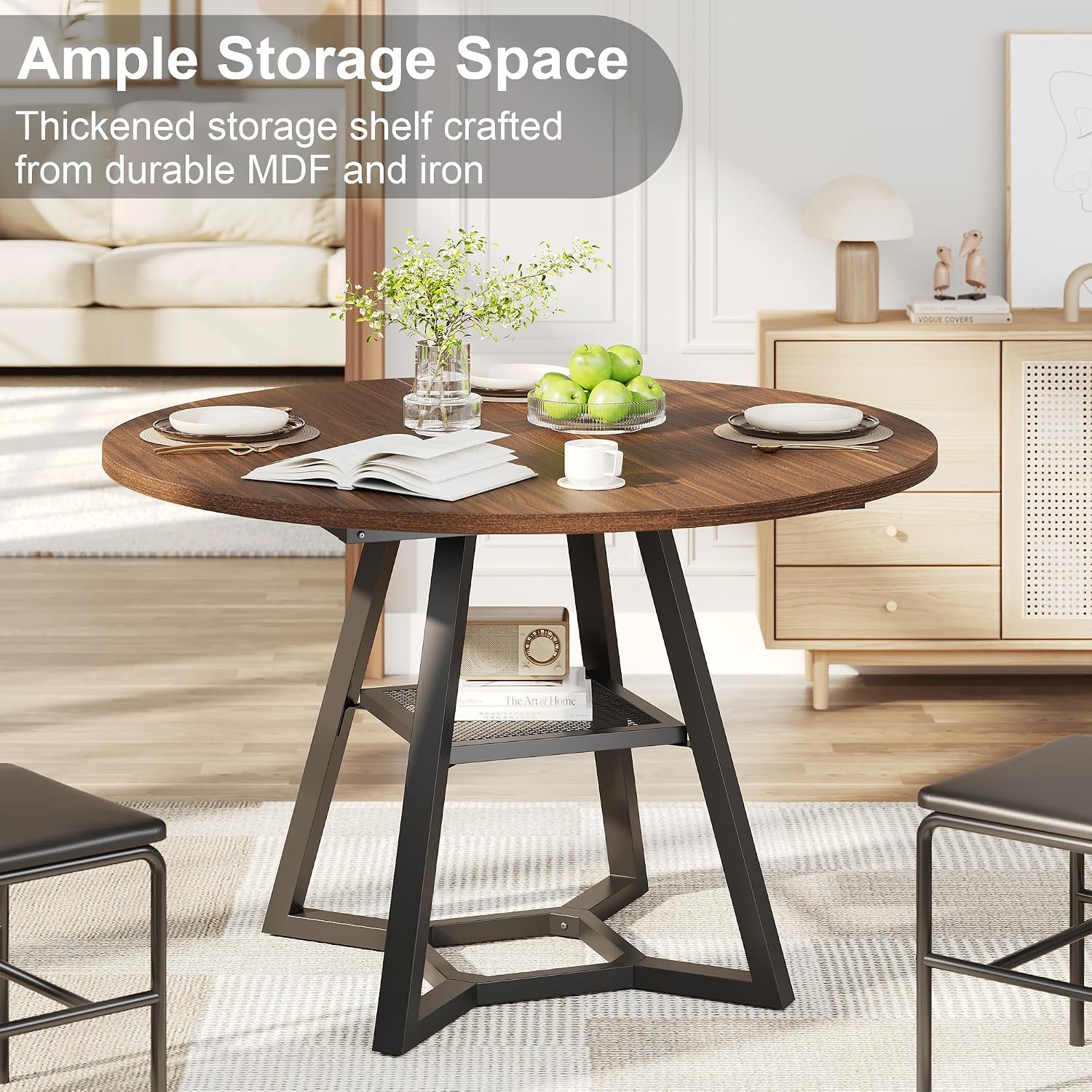 knoworld 43" Round Dining Table for 4, Kitchen Tables Dining Room Circle Dinner Table with Pedestal Metal Frame, Space Saving Wood Industrial Kitchen & Dining Room Tables, Walnut 43In