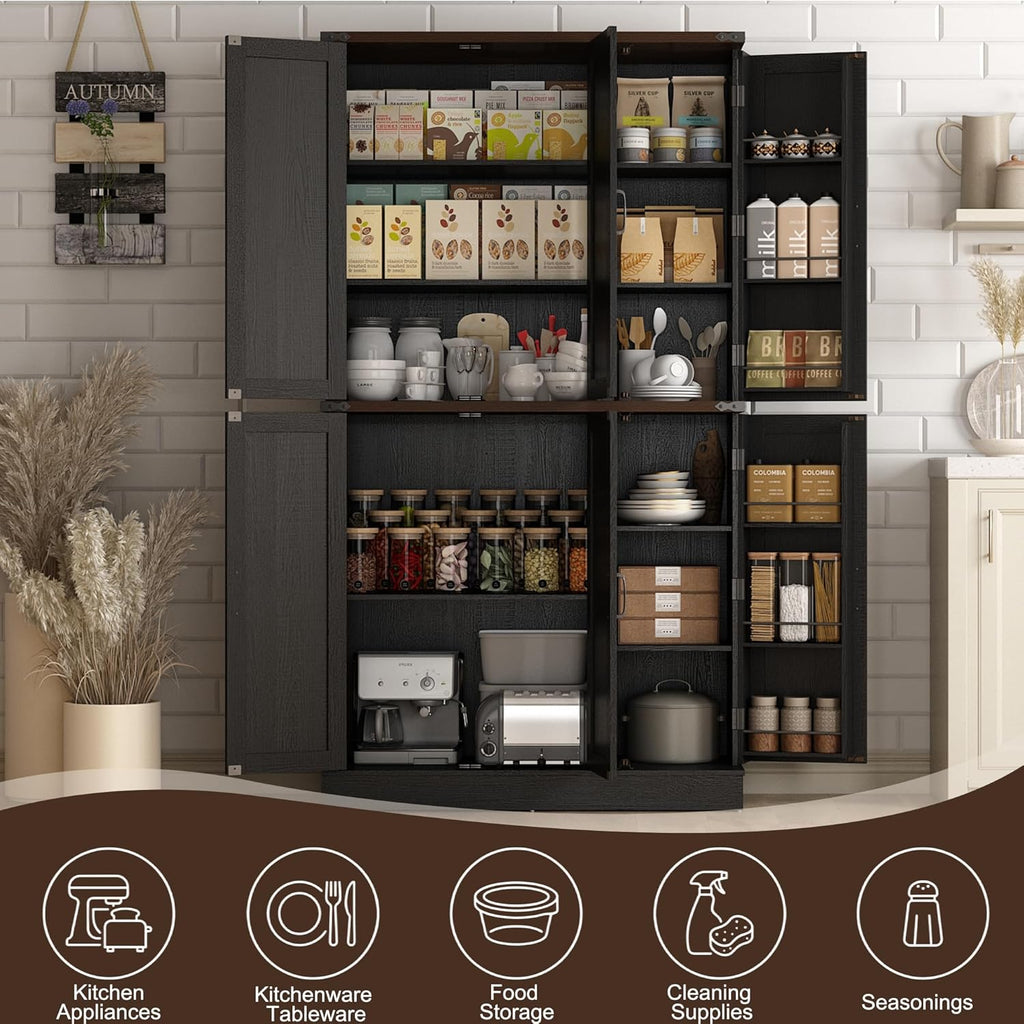 Hlivelood 71" Tall Kitchen Pantry,Farmhouse Storage Cabinet with Barn Doors,Organizer,Rustic Wood Cupboard,Farmhouse Pantry Cabinet for Kitchen,Dining Room,Living Room(Black)