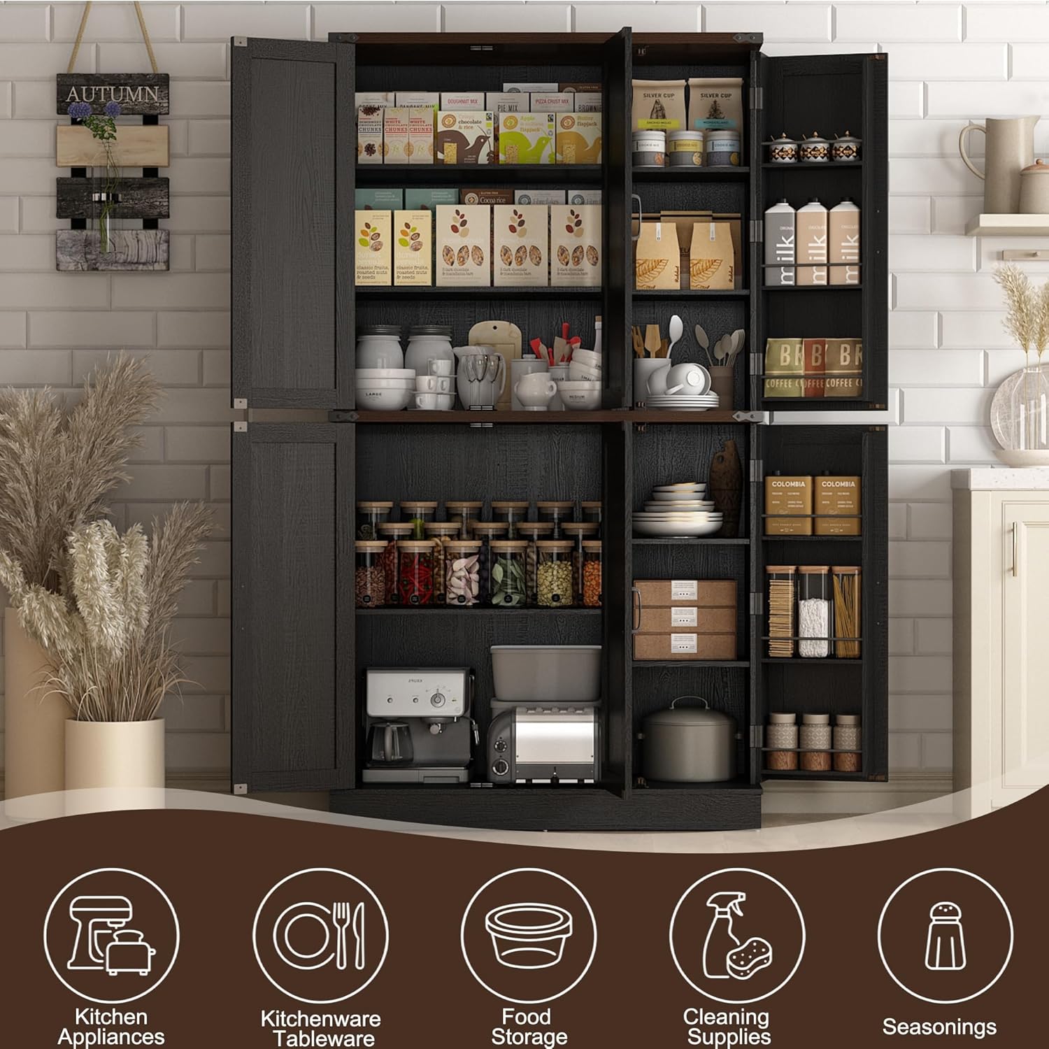 Hlivelood 71" Tall Kitchen Pantry,Farmhouse Storage Cabinet with Barn Doors,Organizer,Rustic Wood Cupboard,Farmhouse Pantry Cabinet for Kitchen,Dining Room,Living Room(Black)