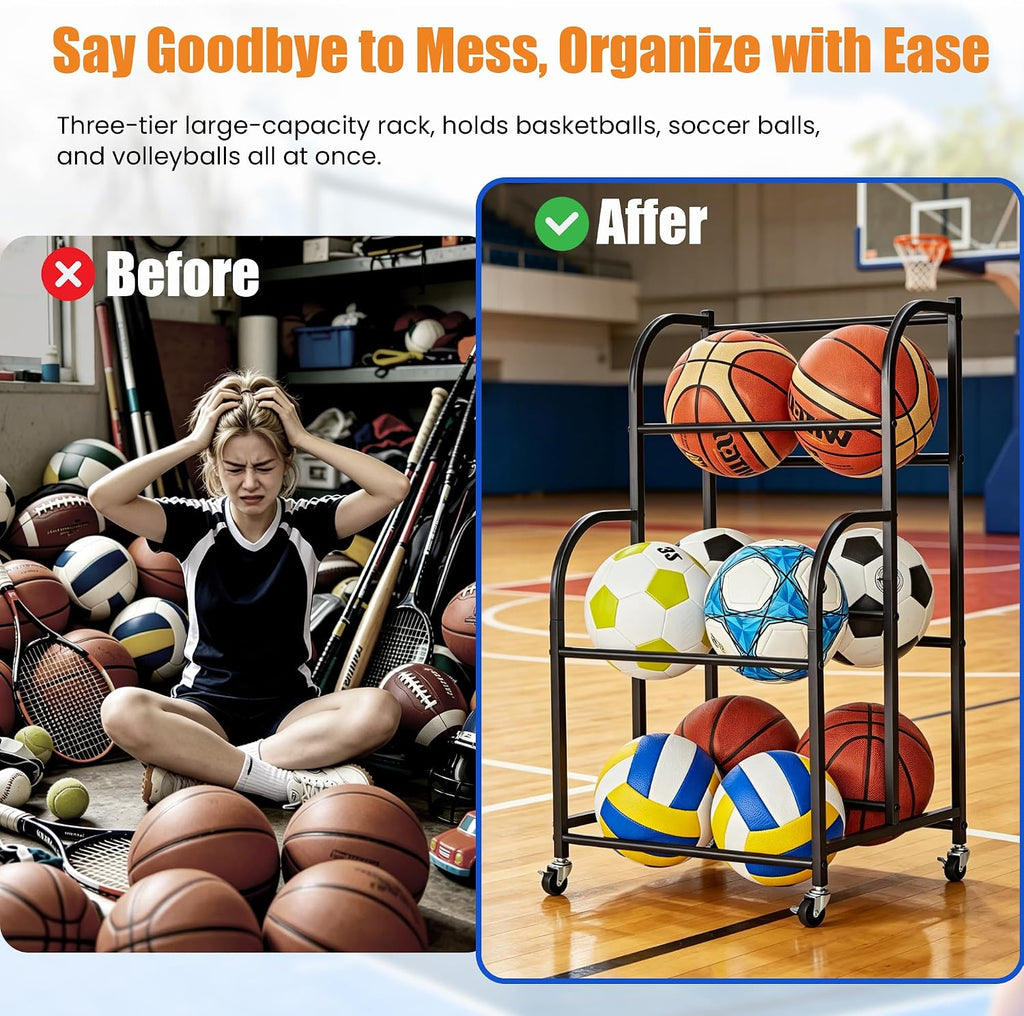 Basketball Rack with Wheels - Space-Saving Vertical Ball Storage for Basketball, Football, Soccer, Rolling Ball Rack for Garage & Outdoor, Heavy-Duty Ball Holder Organizer